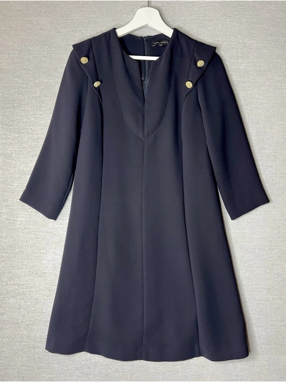 Tara Jarmon Classic Navy 3/4 Slv V-Neck A-Line Dress with Gold Buttons